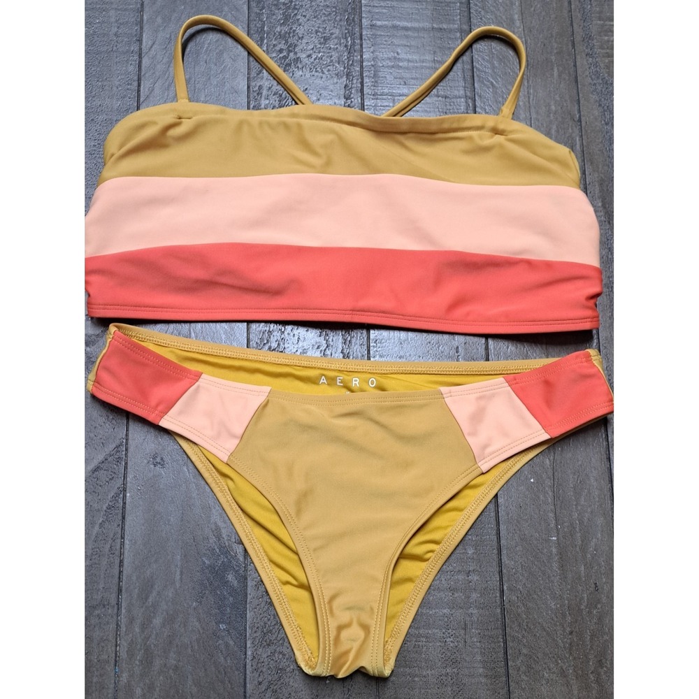 Aeropostale Bikini Set XL Top M Bottom Colorblock Mustard Coral Bralette